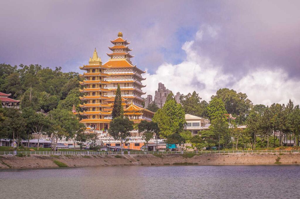 Van Linh Pagoda architecture – Multi-tiered towers of Van Linh Pagoda on Forbidden Mountain, a major Buddhist site in An Giang Province.