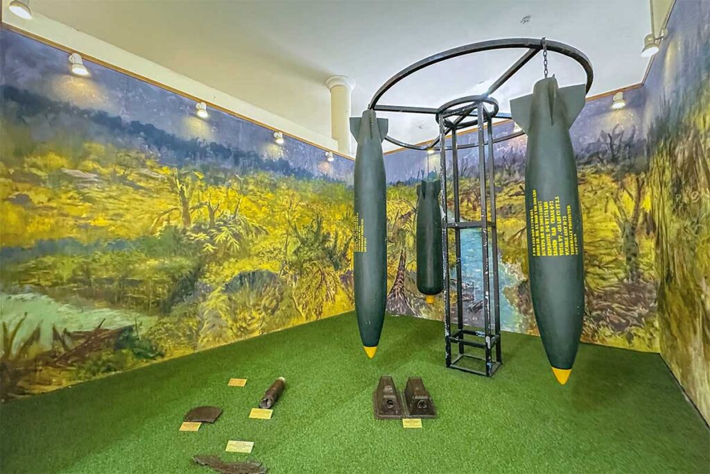 Bomb replicas and war remnants exhibited at Can Tho Museum, highlighting the region’s wartime history.