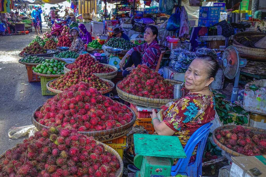Vibrant fruit market scene in Long Xuyen – Piles of rambutan, limes, and other tropical fruits at Long Xuyen Central Market.