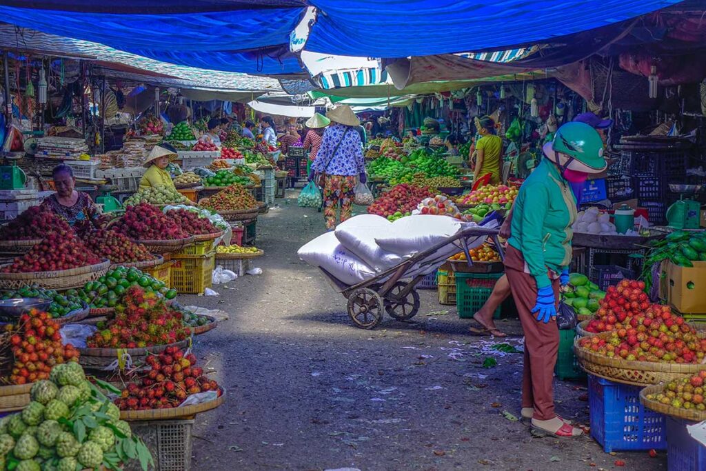 Long Xuyen Central Market fruit stalls – Local women selling tropical fruits like rambutan and guava at Long Xuyen Market.