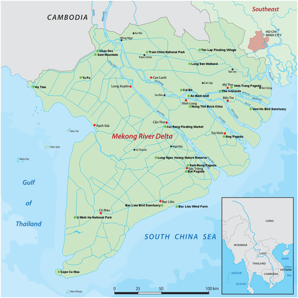 Detailed map of the Mekong River Delta in southern Vietnam, including major destinations such as Can Tho, Chau Doc, Phu Quoc, My Tho, Ben Tre, Sa Dec, Vinh Long, and Cape Ca Mau. The map shows rivers, highways, wetlands, and key attractions like Cai Rang Floating Market, Tram Chim National Park, and Bac Lieu Wind Farm.