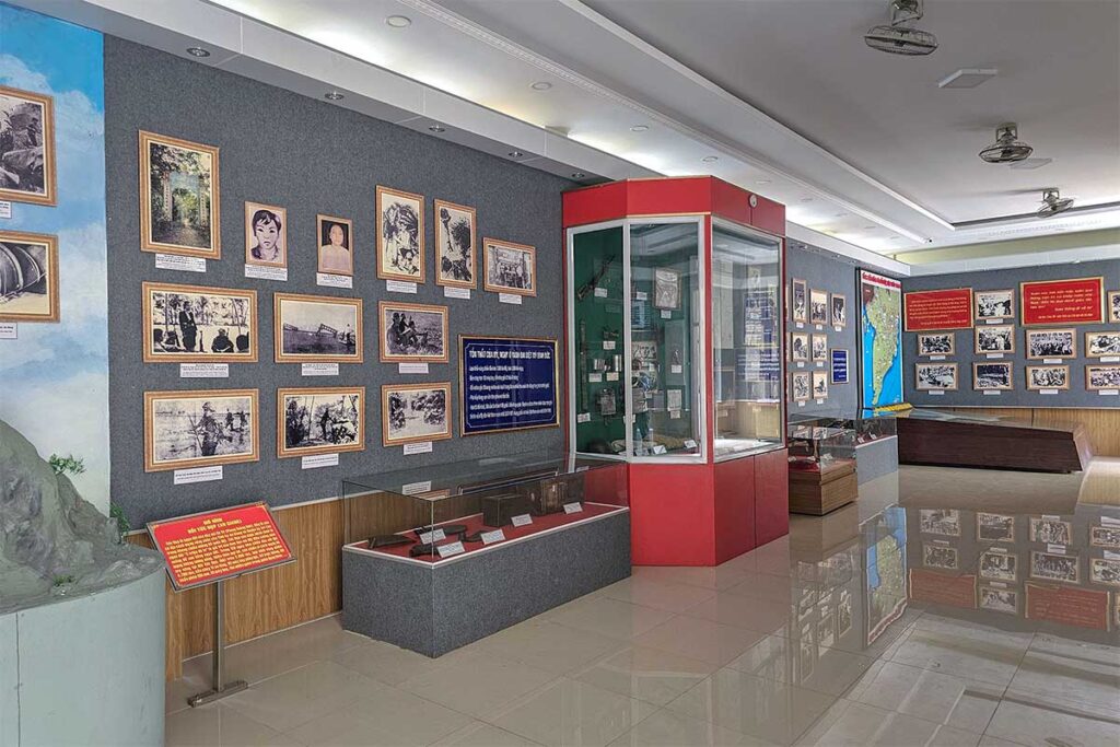 Exhibition room with photos, documents, and relics about the Mekong Delta resistance at Military Zone 9 Museum