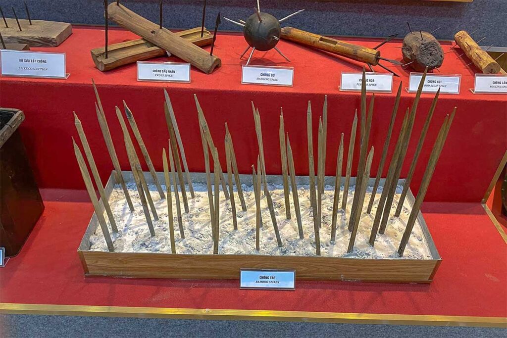Collection of bamboo spike traps used in guerilla warfare, displayed at Military Zone 9 Museum in Can Tho