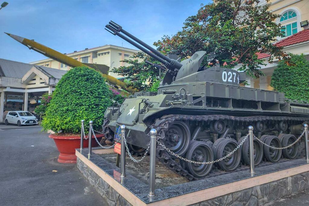 Tank and missile launcher displayed outside Military Zone 9 Museum in Can Tho