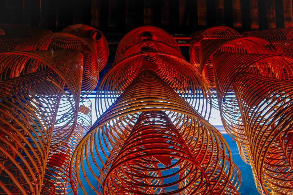 Close-up view of burning incense coils at Ong Pagoda in Can Tho Vietnam
