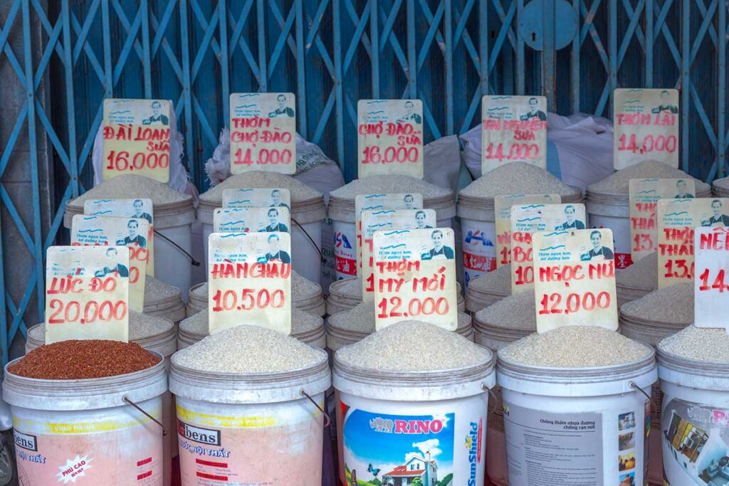 Different types of rice sold in plastic buckets at Tân An Market in Cần Thơ with handwritten price signs.