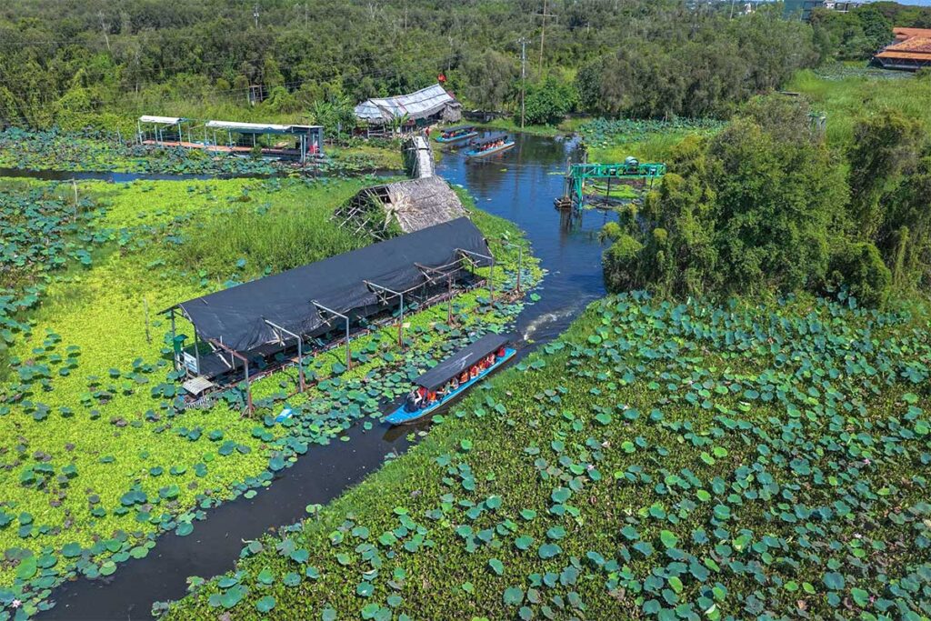 Lotus boat tour departing the pier through lily-pad channels at Tan Lap Floating Village, Long An