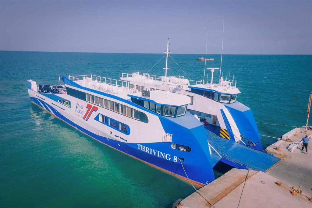 Thanh Thoi car ferry at Ha Tien pier – large vessel carrying cars, motorbikes, and passengers to Phu Quoc.