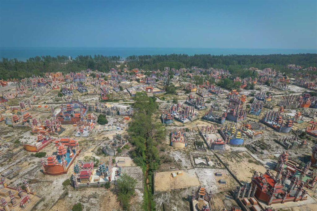 Drone view of An Bang Cemetery’s endless maze of multicolored tombs near Hue, set between the lagoon and the South China Sea on Vietnam’s central coast.