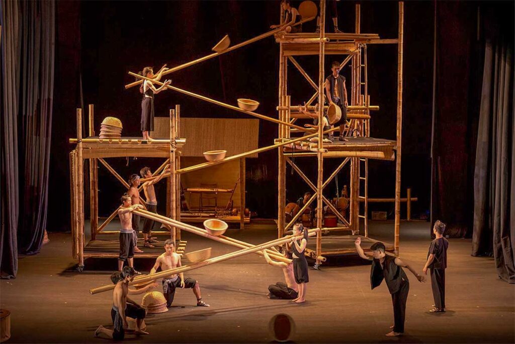 Dancers performing a traditional Cham-inspired act with balance and movement at the Palao Show, Hoi An.
