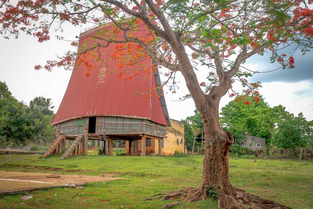 Central Highlands culture – Local Vietnam tours | traditional Rong house in a Ba Na ethnic village near Kon Tum with blooming flamboyant tree