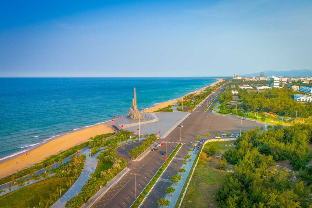 Panoramic aerial shot of Nghinh Phong Square and Tuy Hoa beach road along the Phu Yen coast.
