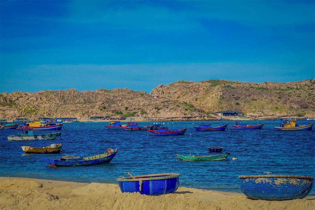 Round basket boats and fishing fleet in Nhơn Hải – Blue coracles and fishing vessels anchored close to the beach with rugged Phương Mai Peninsula in the background.