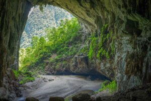 Phong Nha Vietnam – Local Vietnam tours | entrance of a large cave with jungle and limestone cliffs in Phong Nha-Ke Bang National Park