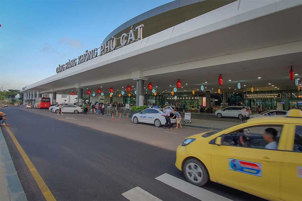Taxi services outside Phu Cat Airport, providing convenient transport from the airport to Quy Nhon city center.