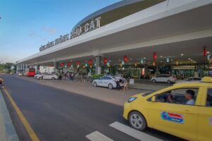 Taxi services outside Phu Cat Airport, providing convenient transport from the airport to Quy Nhon city center.