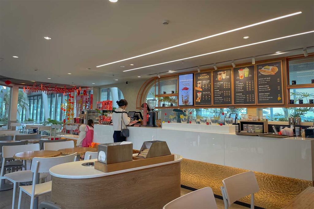 Modern café inside Quy Nhon Airport (Phu Cat) where passengers can buy drinks and snacks before flights.