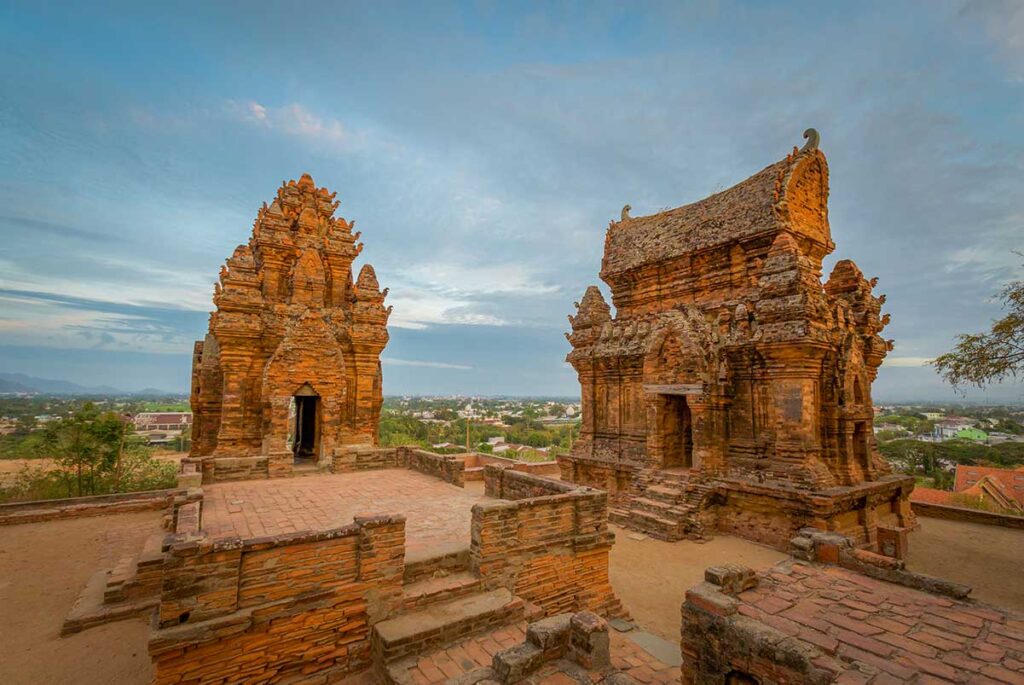 The Fire Tower (Kosaghra) at Po Klong Garai complex in Phan Rang, a Cham structure with a distinct saddle-shaped roof used for storing ritual objects.