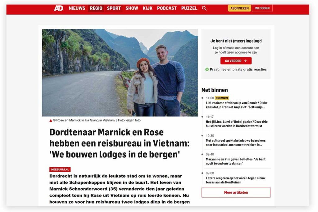Screenshot of Dutch newspaper AD featuring Marnick and Rose in Ha Giang, Vietnam, highlighting Local Vietnam’s lodge projects in the mountains.