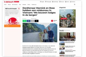 Screenshot of indebuurt.nl article about Marnick and Rose, covering their travel agency in Vietnam and the development of mountain lodges.
