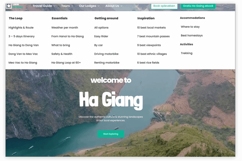 Screenshot of LocalHaGiang.com homepage showing the multilingual Ha Giang travel guide with route tips, essentials, transportation options, and local experiences compiled by Local Vietnam.