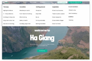 Screenshot of LocalHaGiang.com homepage showing the multilingual Ha Giang travel guide with route tips, essentials, transportation options, and local experiences compiled by Local Vietnam.