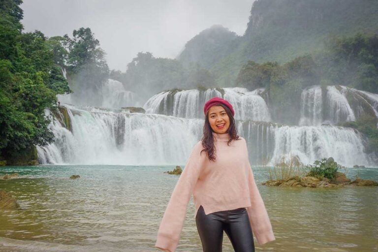 Nhung Phung at Ban Gioc Waterfall in Cao Bang Province — one of Vietnam’s most majestic natural landmarks near the Chinese border.