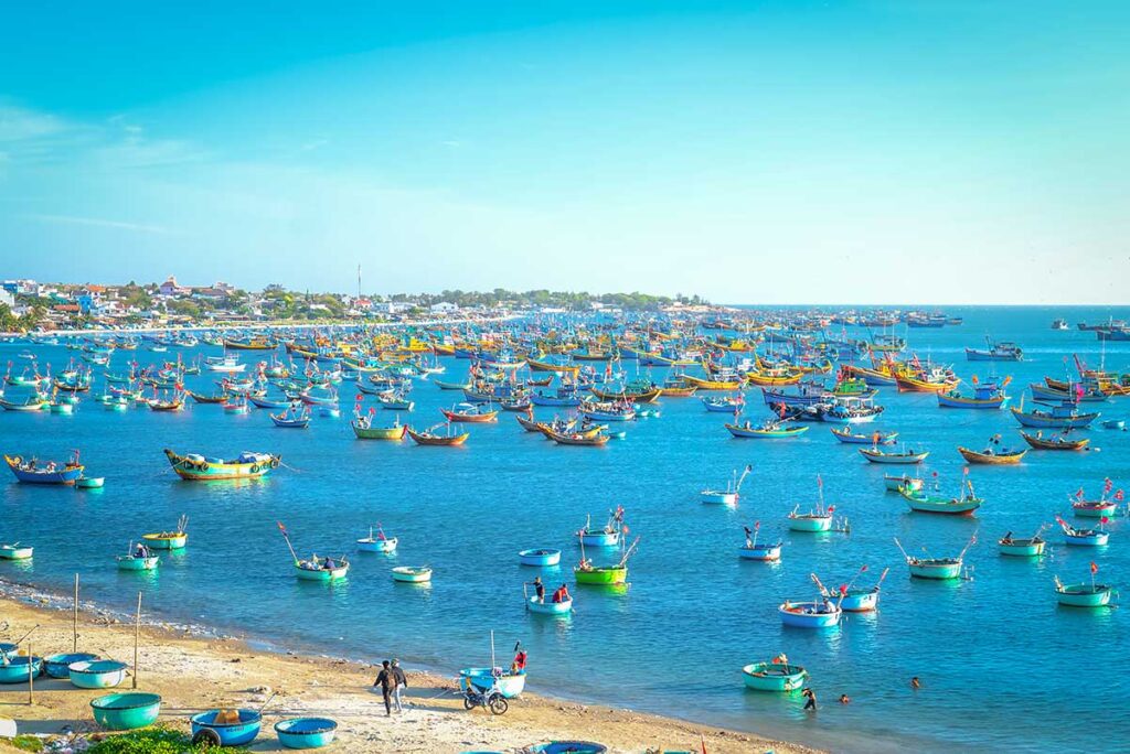 Phan Thiet tours with colorful fishing boats filling the bay near the coastline