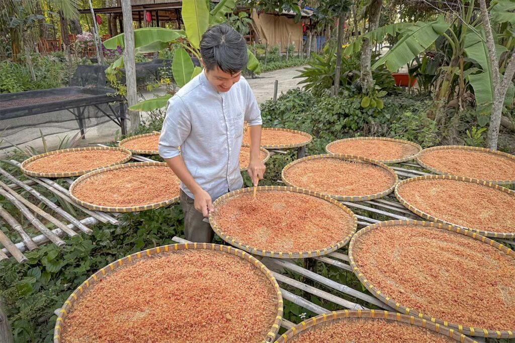 Farm worker turning red peppercorns drying on bamboo trays at Phu Quoc Countryside Pepper Farm
