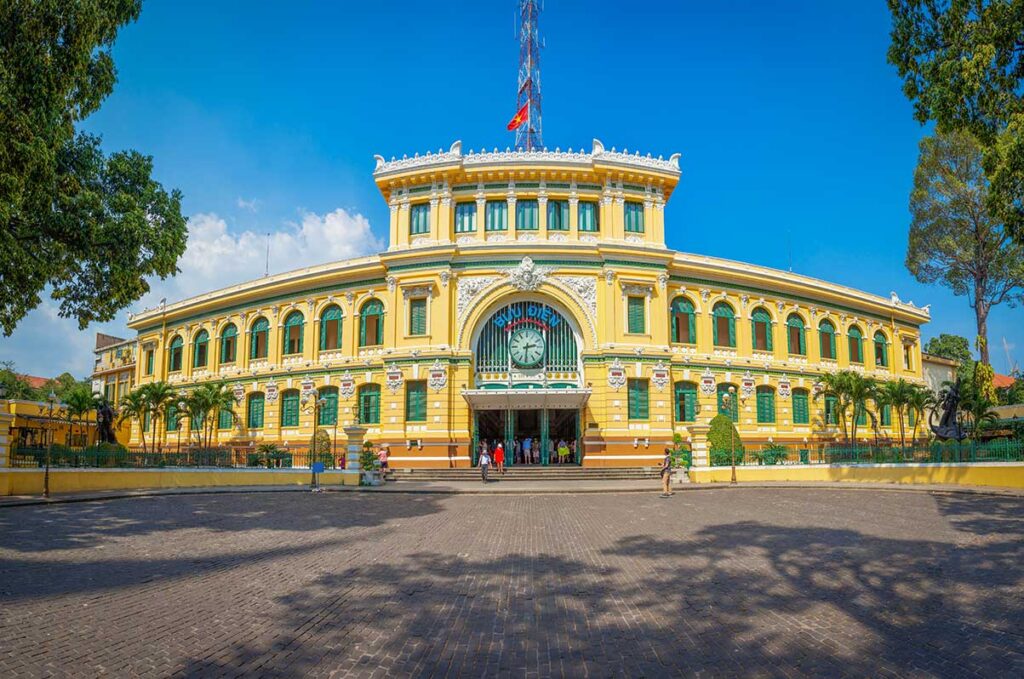 French colonial Central Post Office in Ho Chi Minh City, a highlight of cultural and architectural South Vietnam tours.