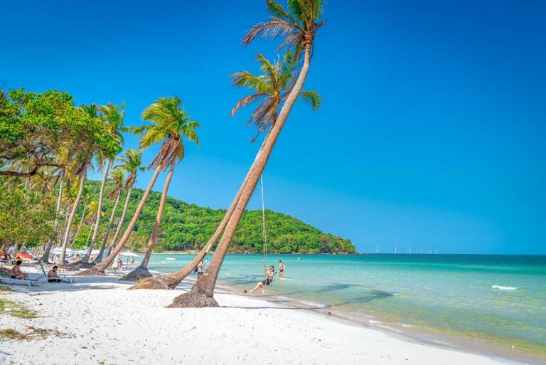 Best beaches in Vietnam, highlighting a white-sand beach in Phu Quoc with leaning palm trees, turquoise sea, and relaxed island atmosphere.
