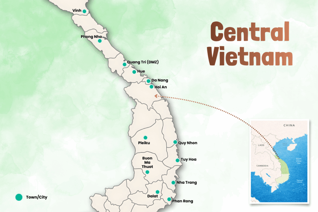 Map of South Vietnam highlighting the main places to visit, including Ho Chi Minh City, the Mekong Delta, Phu Quoc Island, Con Dao, Mui Ne and southern coastal destinations.