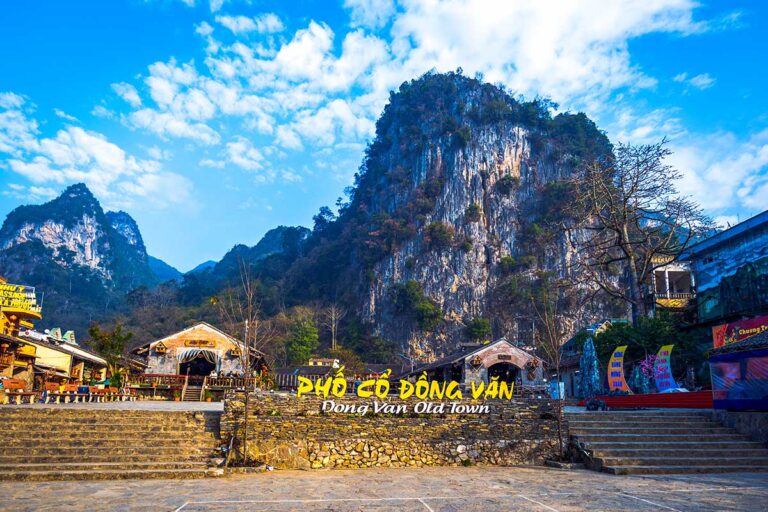 Dong Van Old Quarter in Ha Giang, traditional stone houses set against limestone mountains, visited during the Ha Giang Loop tour