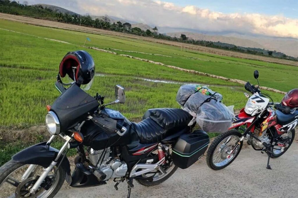 Easy Rider motorbikes parked beside rice fields on a Dalat Nha Trang Easy Rider tour, highlighting off-the-beaten-path countryside views