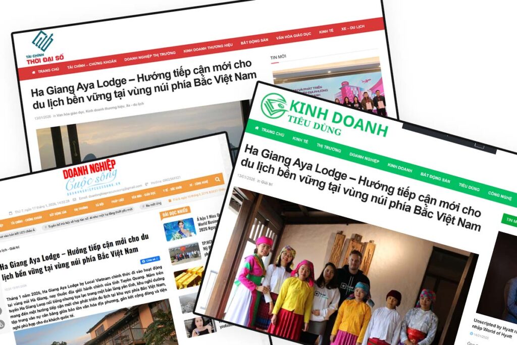 Collage showing Ha Giang Aya Lodge covered by multiple Vietnamese news and business media following its official launch