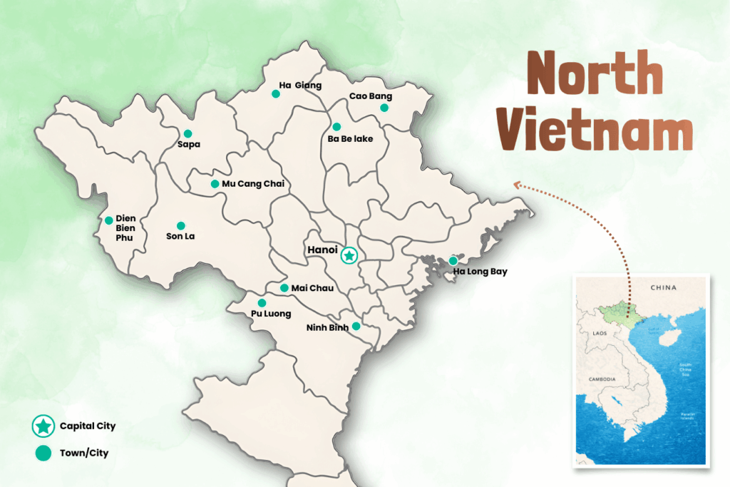 Map of North Vietnam highlighting the most important places to visit, including Hanoi, Halong Bay, Ninh Binh, Sapa, Ha Giang, Cao Bang and other popular northern destinations.