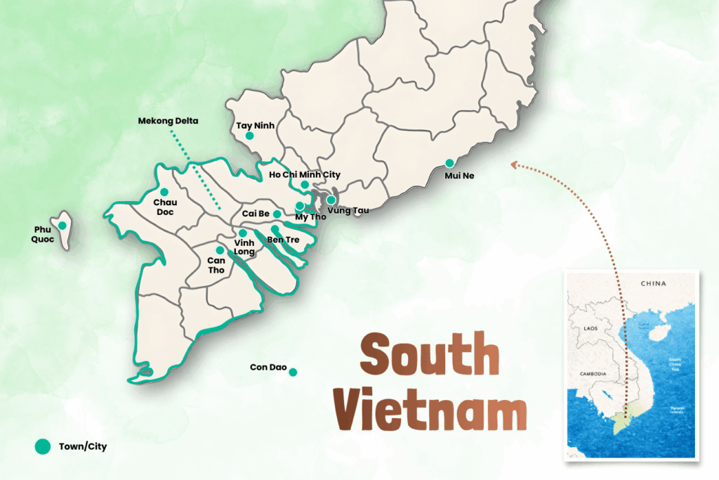 Map of Central Vietnam showing the key places to visit along the central coast and highlands, including Hue, Da Nang, Hoi An, Phong Nha, Nha Trang, Dalat and Quy Nhon.