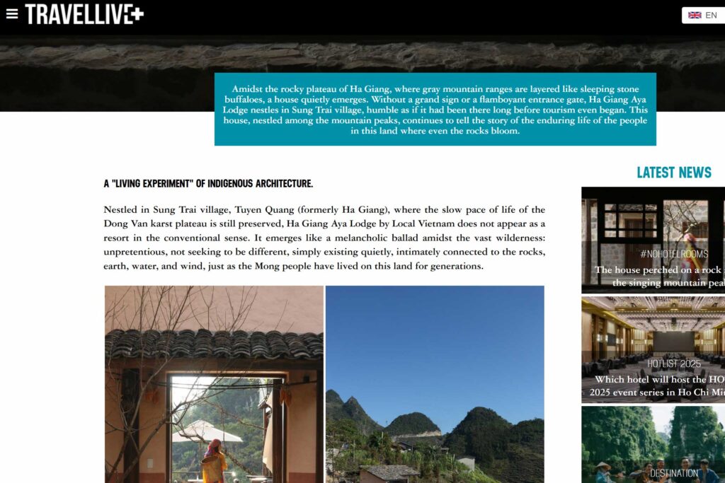 Travellive travel magazine feature on Ha Giang Aya Lodge by Local Vietnam, highlighting indigenous architecture and life in northern Vietnam