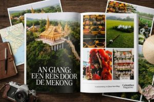 Columbus Travel magazine feature on Mekong Delta journey in An Giang with Local Vietnam, showing temples, markets, and rural landscapes