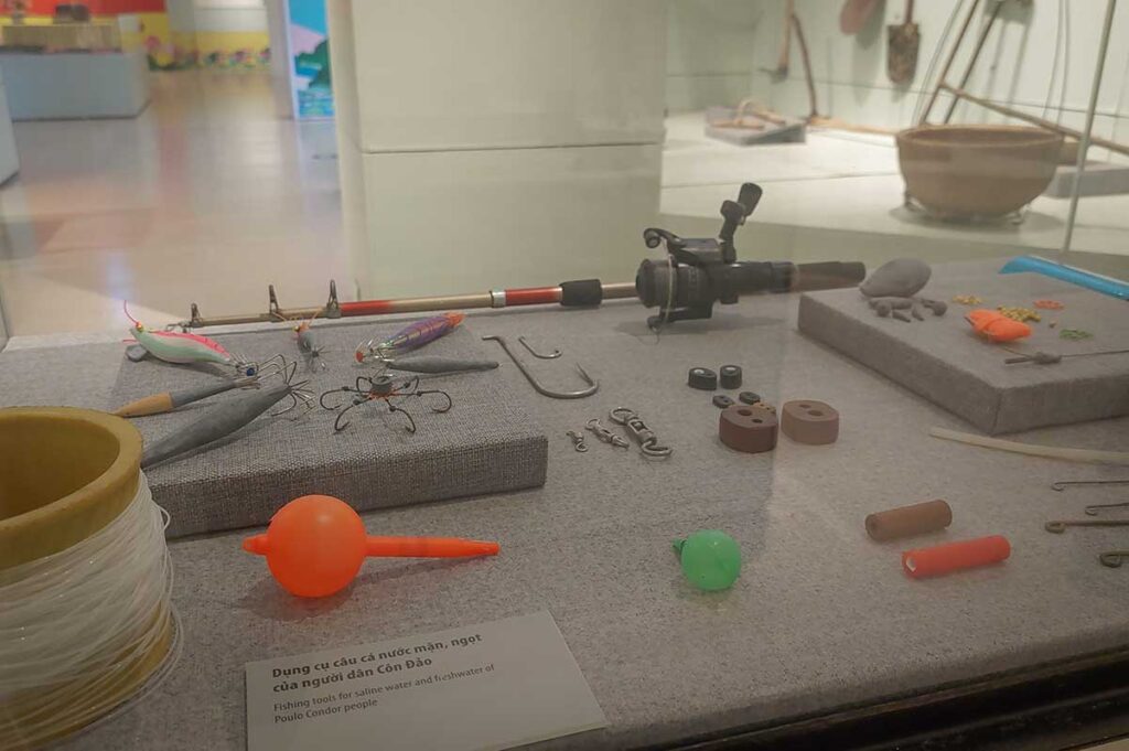 Traditional fishing tools displayed in Con Dao Museum, including rods, hooks and floats used by local people around the island.