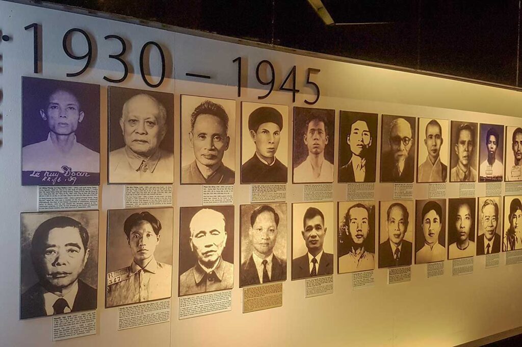 Wall of portraits in Con Dao Museum showing political prisoners from 1930 to 1945, highlighting individuals connected to the prison system.
