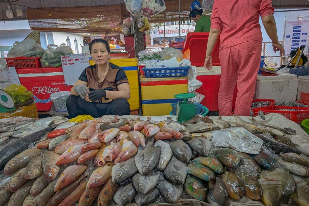 Fresh fish stall inside Con Dao Market with a vendor sitting behind a wide selection of whole fish displayed on a wet market table