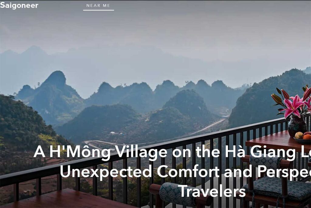 Saigoneer feature showing mountain views from Ha Giang Aya Lodge, highlighting the experience of staying in a Hmong village along the Ha Giang Loop