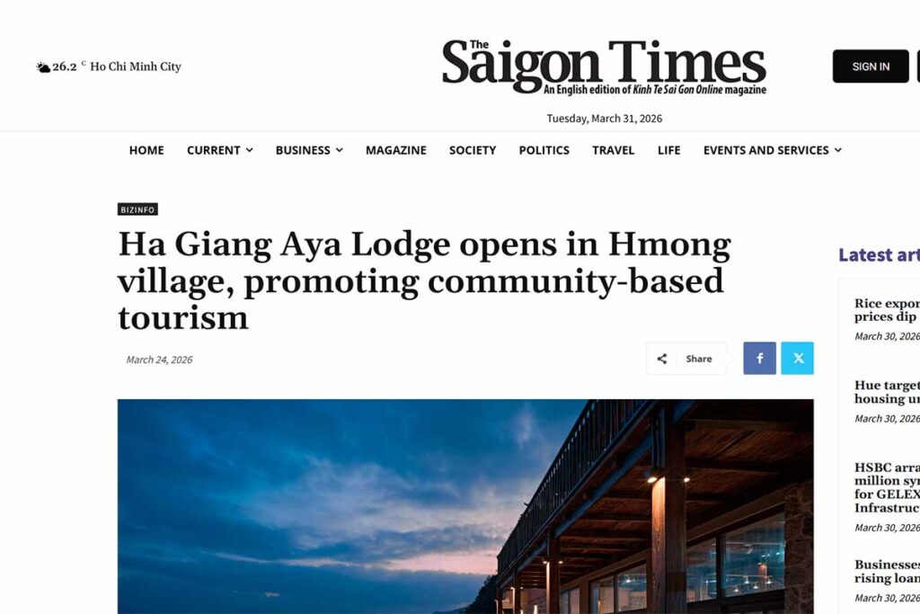 The Saigon Times coverage of Ha Giang Aya Lodge opening in a Hmong village, emphasizing community-based tourism in northern Vietnam