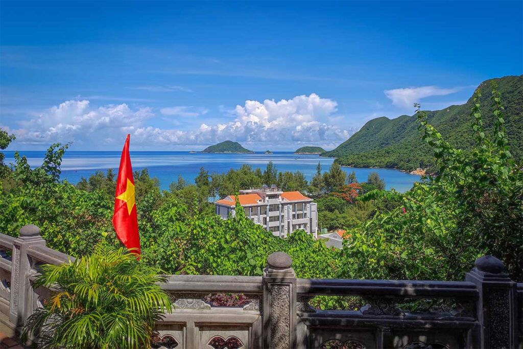 View over Con Son Bay from Van Son Pagoda with sea, islands and coastline in the distance