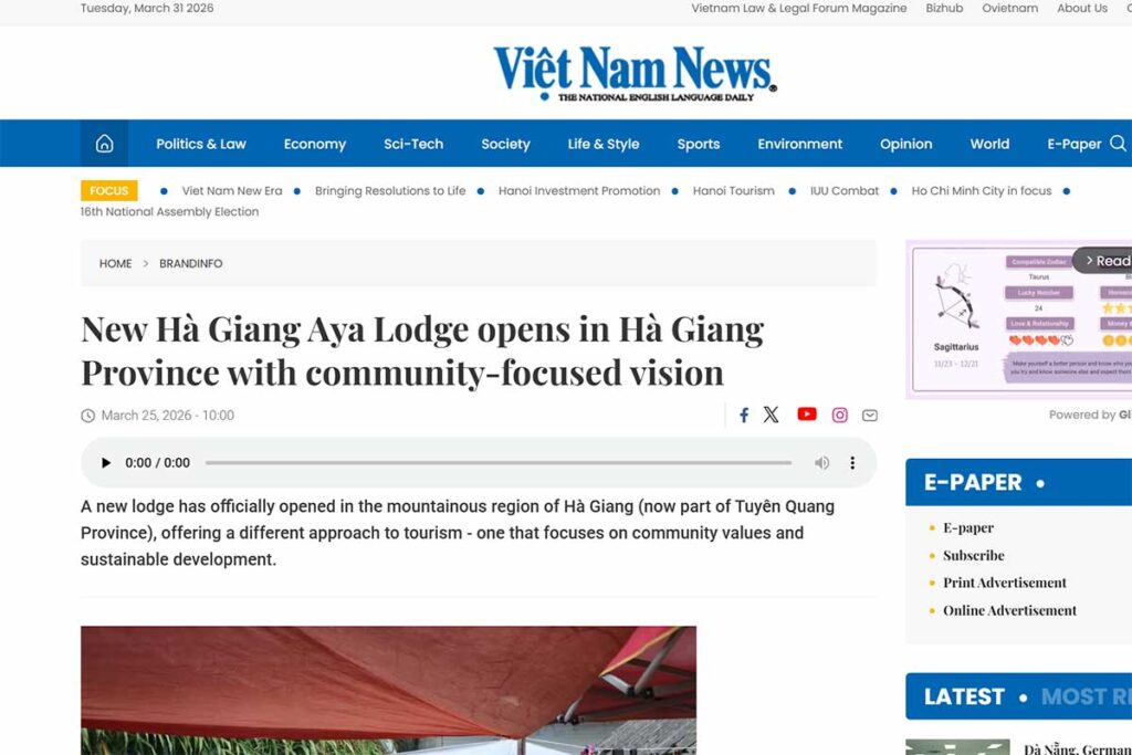 Vietnam News article featuring Ha Giang Aya Lodge with focus on community-based tourism and sustainable development in Ha Giang Province