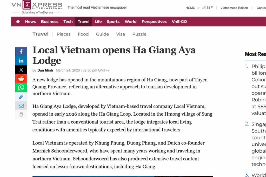 Screenshot of VnExpress article about Local Vietnam opening Ha Giang Aya Lodge, highlighting community-based tourism in northern Vietnam