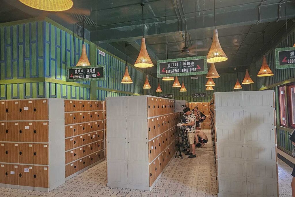 Aquatopia Water Park Phu Quoc locker room with rows of storage lockers and changing area inside Hon Thom water park