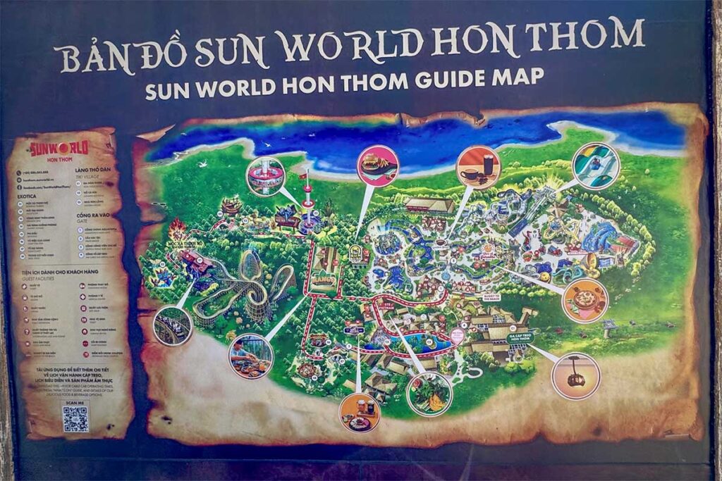 Sun World Hon Thom guide map showing Aquatopia Water Park attractions rides and island layout in Phu Quoc