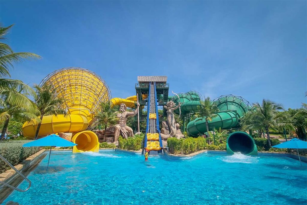 Aquatopia Water Park Phu Quoc large water slides and pool area with colorful tube rides on Hon Thom Island